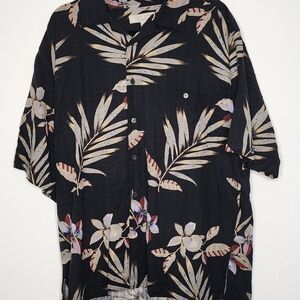 Men's Island Republic Black Silk Button-Up with Tropical Print Aloha Hawaiian